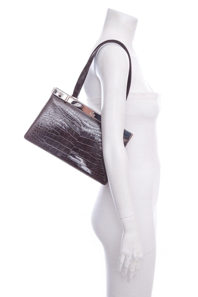 Gucci Brown Crocodile Tom Ford Era Top Handle Handbag | AlmaBagz