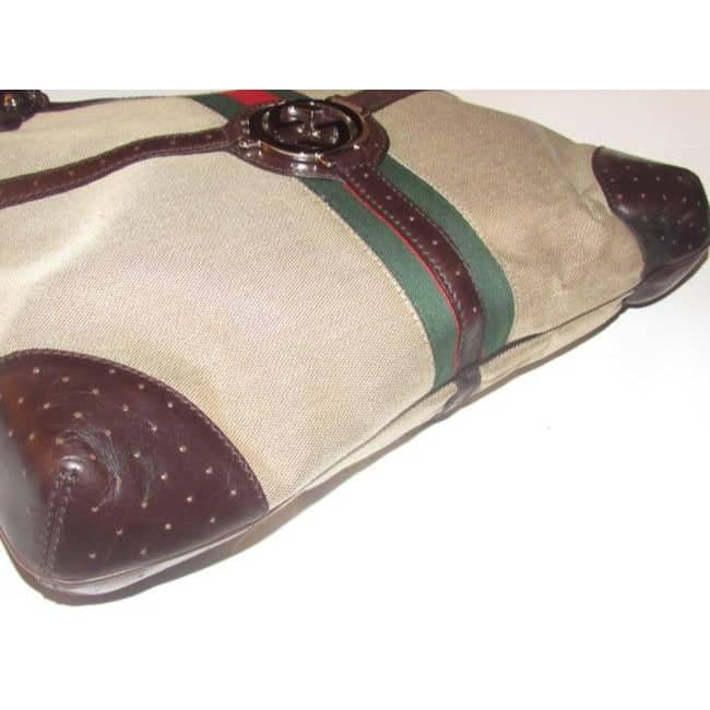 Gucci britt reins blondie, dark khaki canvas & brown leather, two handle, two-way- satchel or hobo style purse with an open top, red and green Sherry stripe and chrome GG accent | AlmaBagz