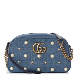 Gucci Matelassé GG Marmont Pearl Shoulder Bag in Denim | AlmaBagz