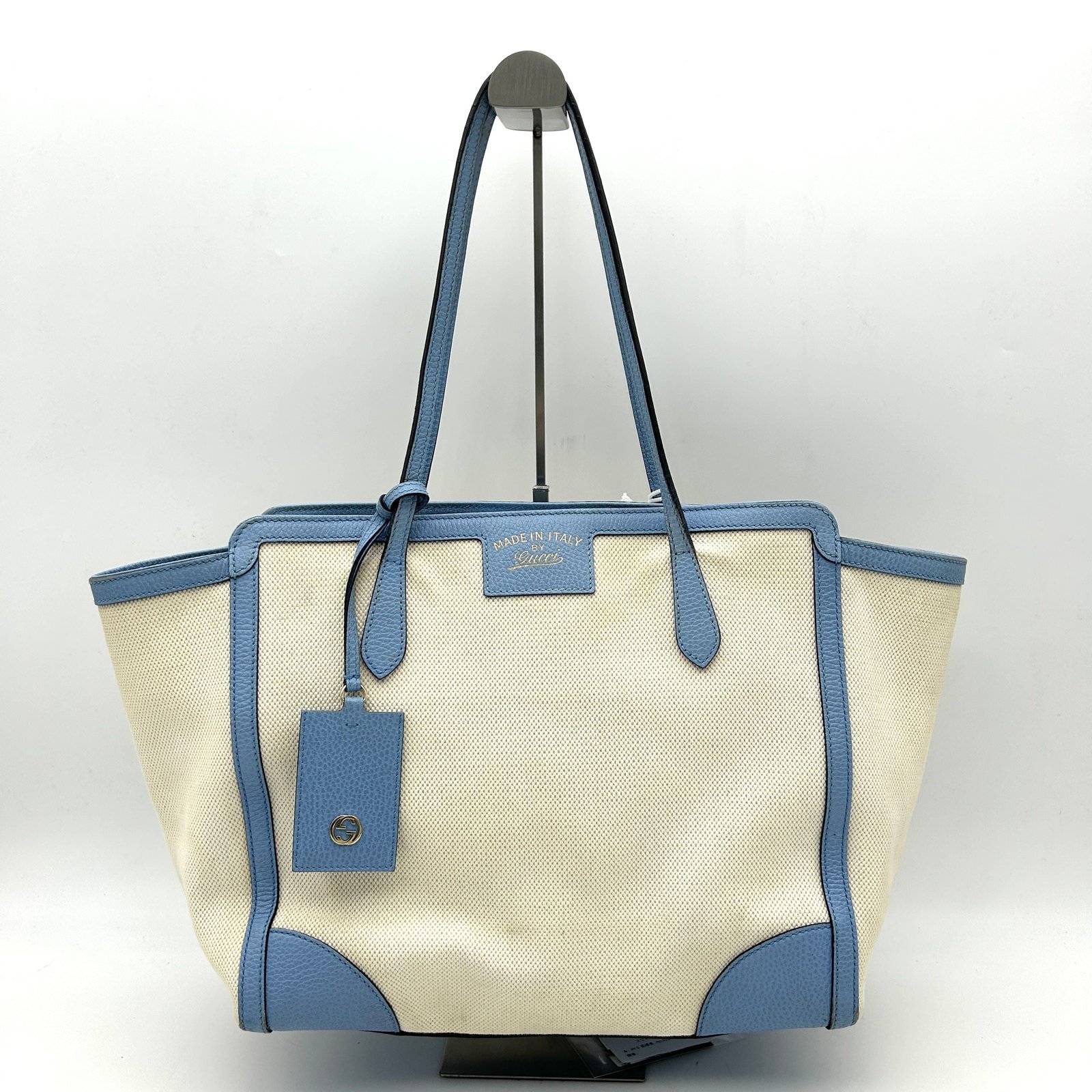 GUCCI Linen Canvas Calfskin Swing Top Handle Bag Mineral Blue LA15121 | AlmaBagz