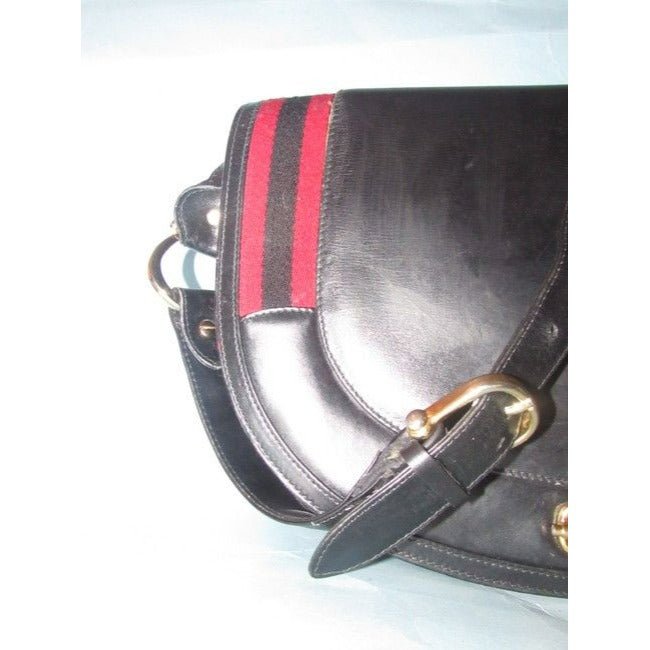 Gucci Early Saddle With Sherry Stripes Black Leather And Gg Leather Shoulder Bag | AlmaBagz