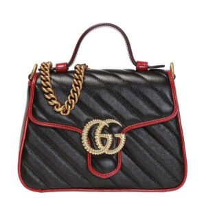 Gucci GG Marmont Top Handle Shoulder Bag in Black with Red Trim | AlmaBagz