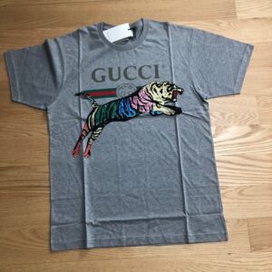Gucci Oversized Cotton Gray T-shirt with Sequin Tiger | AlmaBagz