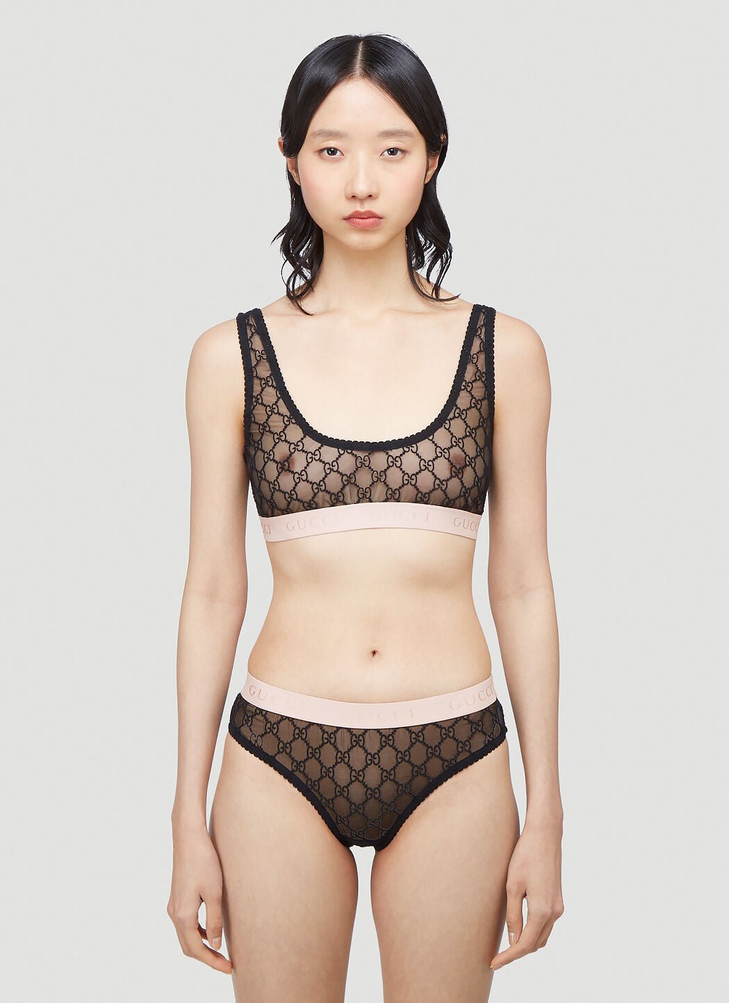 Gucci Women Gg Logo Sheer-Lace Lingerie Set | AlmaBagz
