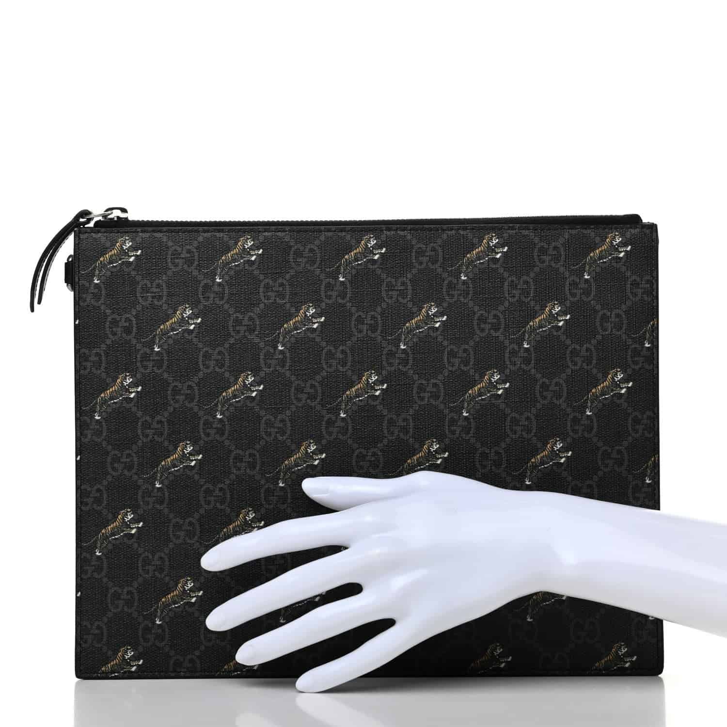 Gucci Black GG Supreme Monogram Tiger Print Clutch Bag 575136 | AlmaBagz