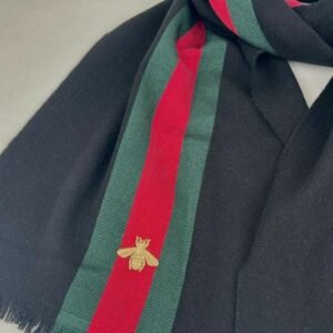 Gucci Black Wool Cashmere Silk Long Scarf with BRB Web and Bee | AlmaBagz