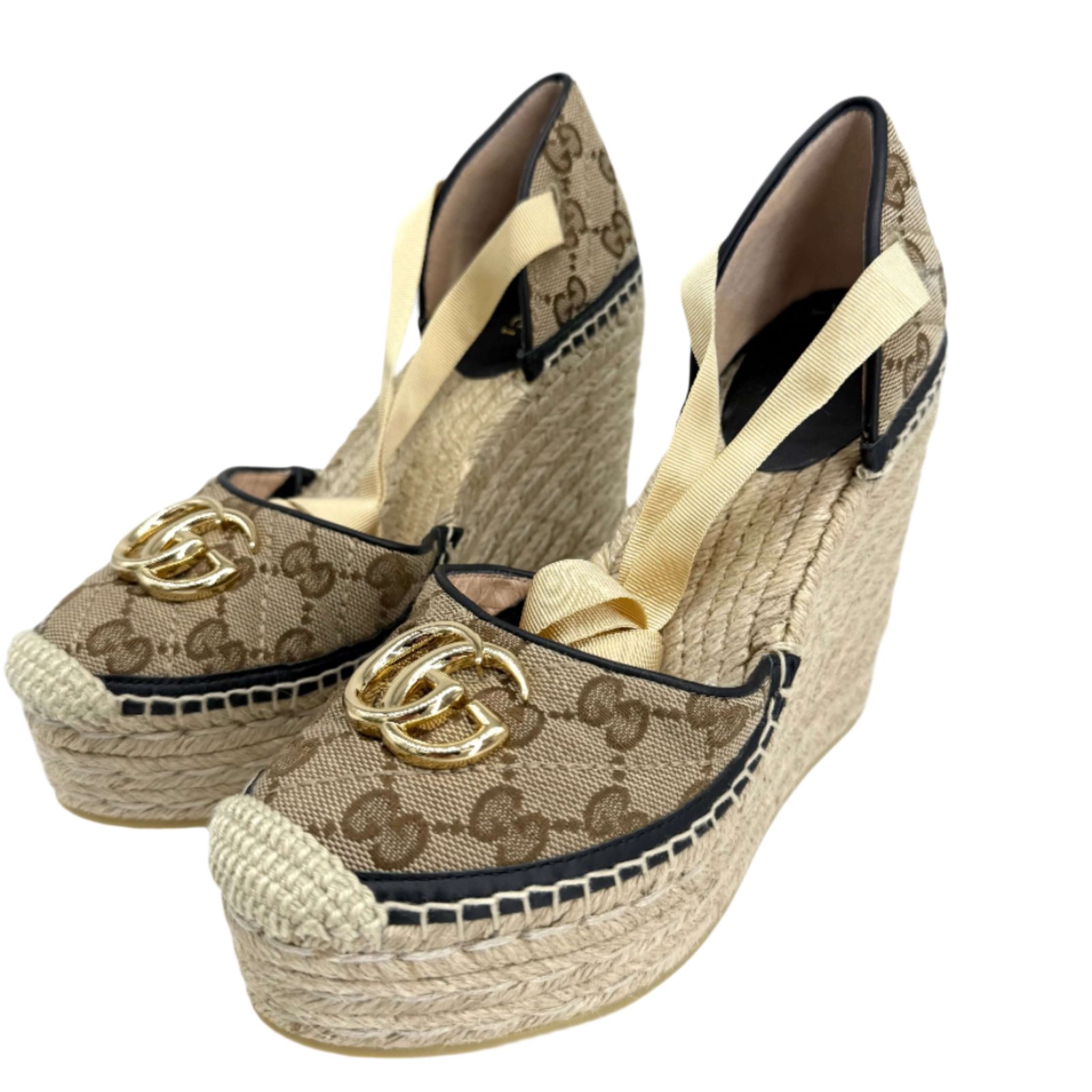 Gucci GG Marmont Monogram Matelassé Espadrille Wedges – Beige, Ebony & Sand Storm (Size 36) | AlmaBagz