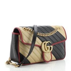 Gucci GG Marmont Diagonal Quilted Beige Black Small Shoulder Bag | AlmaBagz