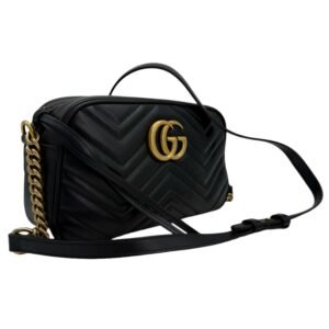Gucci GG Marmont Small Shoulder Bag – Black Matelassé Calfskin with Antiqued Gold Chain | AlmaBagz