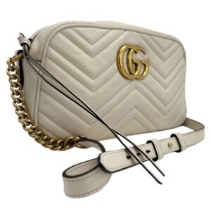 Gucci GG Marmont Small Shoulder Bag – White Matelassé Calfskin with Antiqued Gold Chain | AlmaBagz