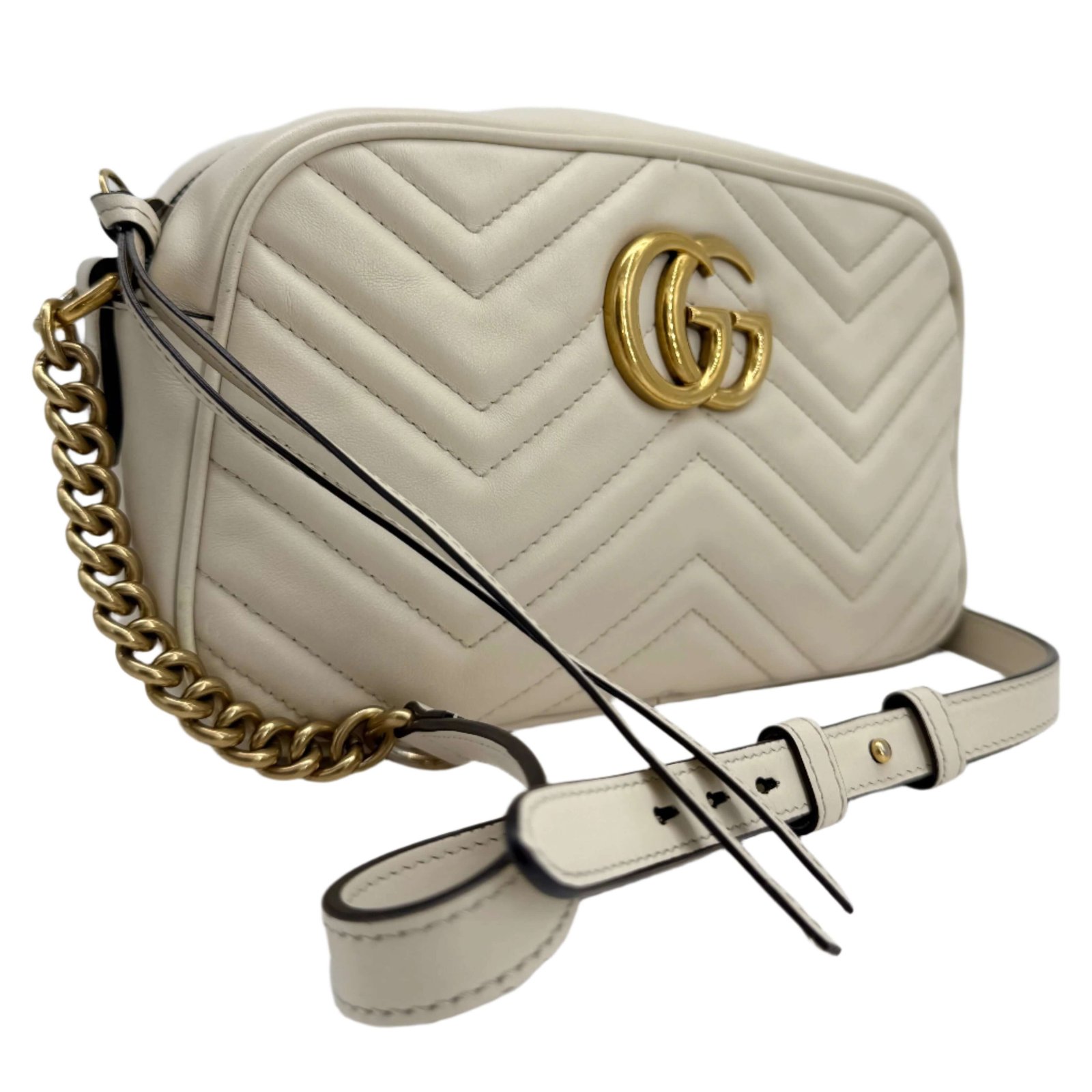 Gucci GG Marmont Small Shoulder Bag – White Matelassé Calfskin with Antiqued Gold Chain | AlmaBagz