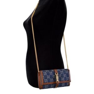 Gucci Jackie 1961 GG Monogram Blue Denim Leather Trim Chain Wallet | AlmaBagz