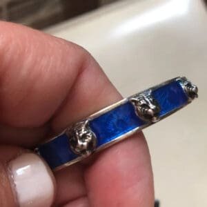 GUCCI Sterling Silver with Blue Enamel and Feline Faces Buckle Bangle Bracelet | AlmaBagz