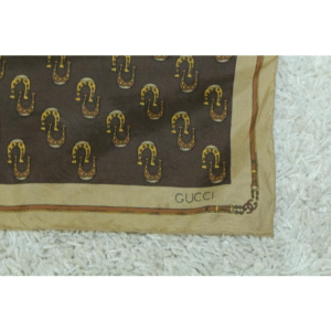 Gucci Tan Brown Horseshoe Logo Equestrian And Print Silk Scarf | AlmaBagz
