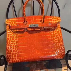 Hermes Birkin 35cm Crocodile Leather Handbag Orange Silver | AlmaBagz