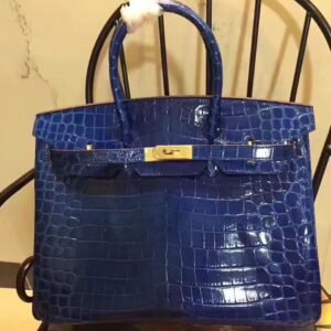 Hermes Birkin 35cm Crocodile Leather Handbag Blue Gold | AlmaBagz