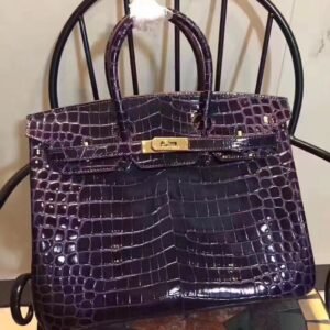 Hermes Birkin 35cm Crocodile Leather Handbag Dark Purple Gold | AlmaBagz