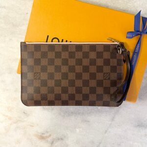 LOUIS VUITTON Damier Ebene Neverfull MM Pochette Wristlet Pouch In Rose Ballerine | AlmaBagz
