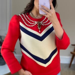 Gucci Red, Navy and Cream Jumper with Embellished Pearl Collar Detail Size L (UK 12-14) | AlmaBagz