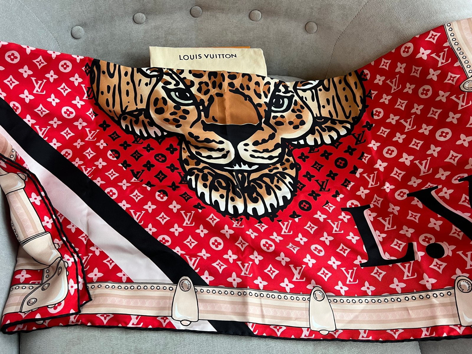 Louis Vuitton Red Tiger Print Silk Shawl | AlmaBagz