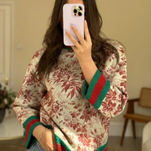 Gucci Red and Beige Floral Jumper with Metallic Red and Green Trim Size M (UK 10-12) | AlmaBagz