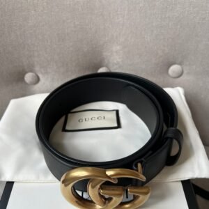 Gucci GG Marmont Black Leather Belt with Gold Buckle | AlmaBagz