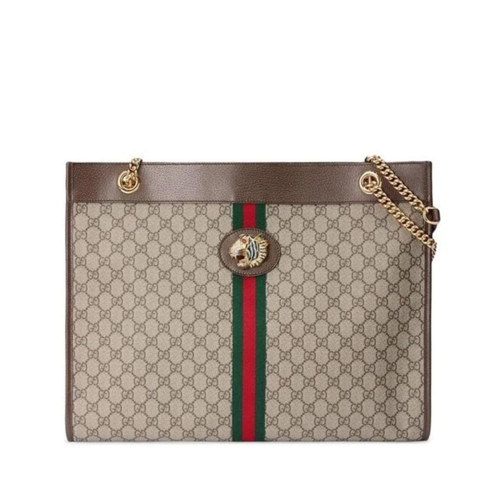 Gucci Women Bag Gg Supreme Monogram Large Rajah Chain Handbag Brown Leather Tote | AlmaBagz