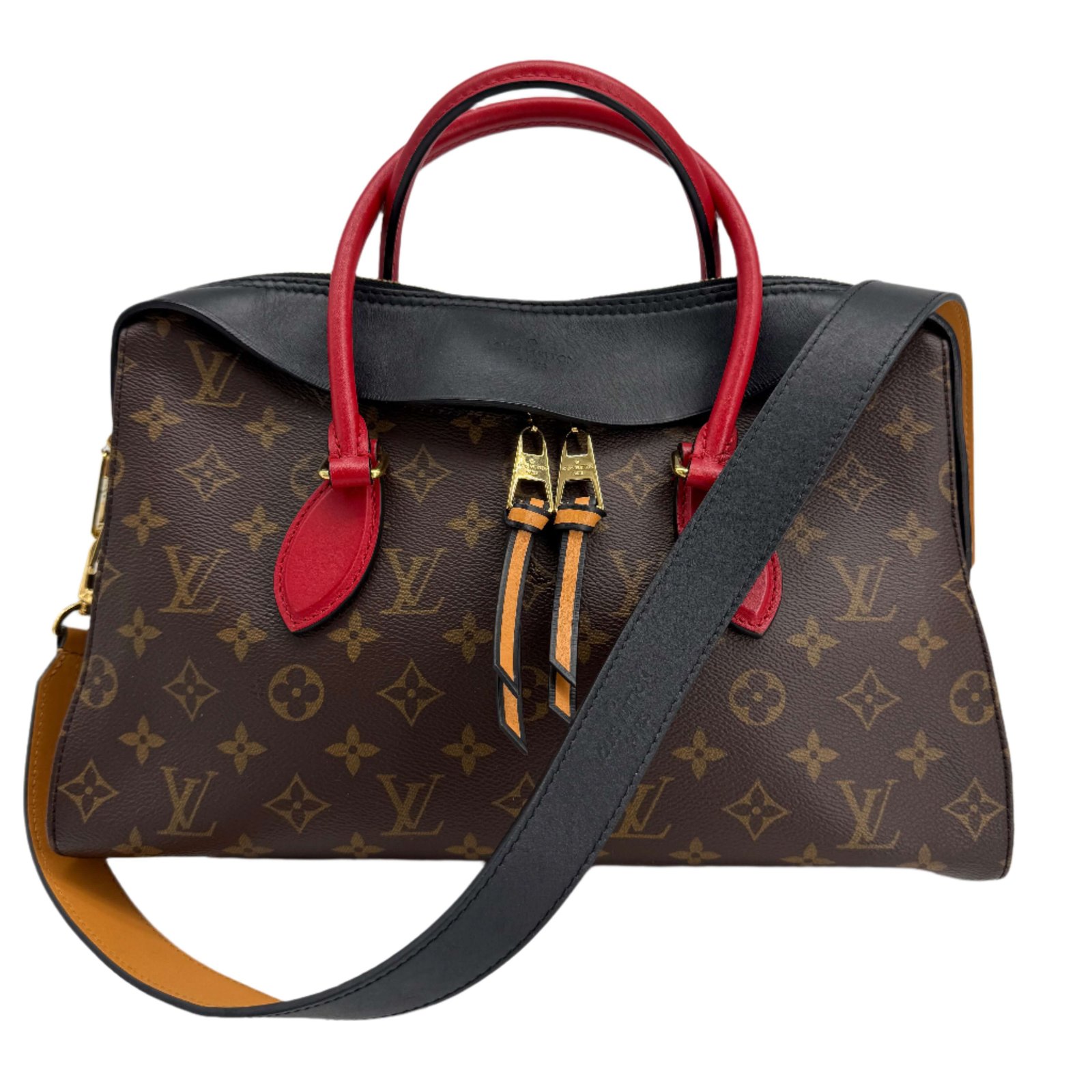 Louis Vuitton Monogram Tuileries Shoulder Bag in Black with Contrasting Red Handles and Caramel Microfiber Interior | AlmaBagz