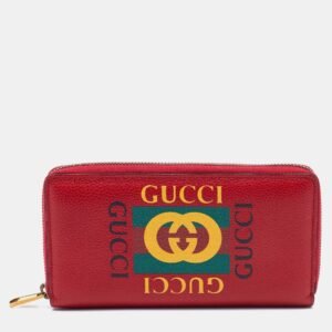 Gucci Red Leather Logo Print Zip Around Wallet | AlmaBagz