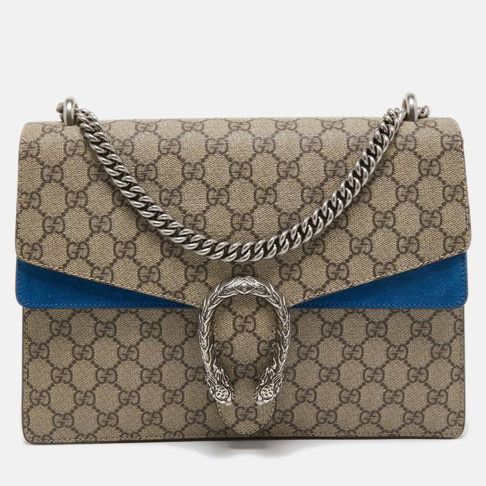 Gucci Beige/Blue GG Supreme Canvas and Suede Medium Dionysus Shoulder Bag | AlmaBagz