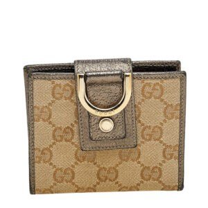Gucci Beige/Pewter GG Canvas and Leather D Ring Compact Wallet | AlmaBagz