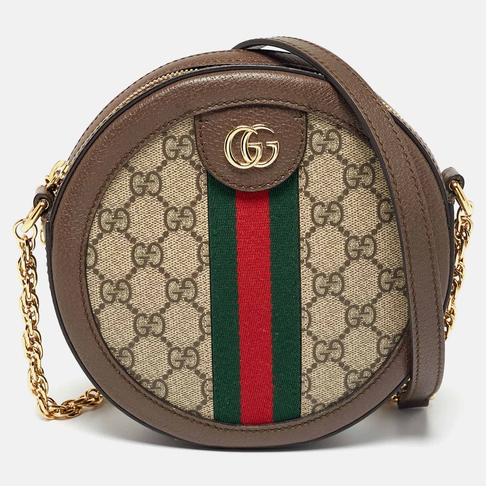 Gucci Brown GG Supreme Canvas and Leather Mini Ophidia Round Bag | AlmaBagz