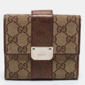 Gucci Brown/Beige GG Canvas and Leather Flap French Wallet | AlmaBagz