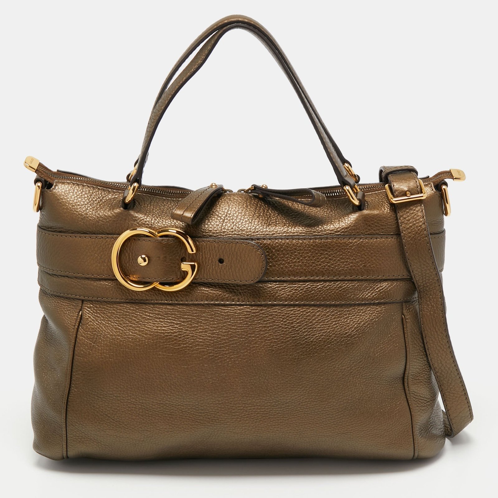 Gucci Metallic Olive Green Leather Medium Ride Tote | AlmaBagz