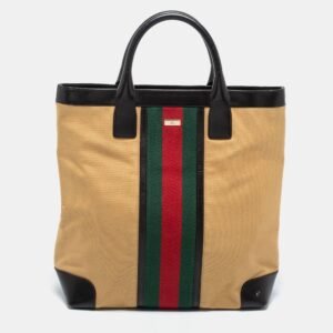 Gucci Khaki Brown/Black Canvas and Leather Large Vintage Web Shopper Tote | AlmaBagz
