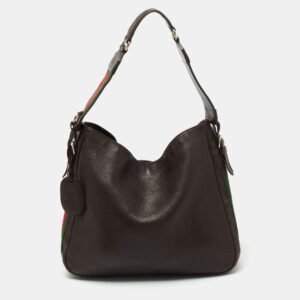 Gucci Dark Brown Leather Web Shoulder Bag | AlmaBagz