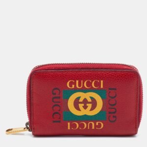 Gucci Red Leather Logo Print Zip Compact Wallet | AlmaBagz