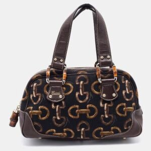Gucci Brown/Black Horsebit Printed Canvas Bamboo Satchel | AlmaBagz