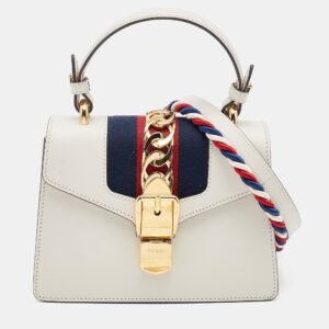 Gucci White Leather Mini Web Sylvie Top Handle Bag | AlmaBagz