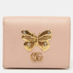 Gucci Light Pink Leather Butterfly Embellished Flap Card Case | AlmaBagz