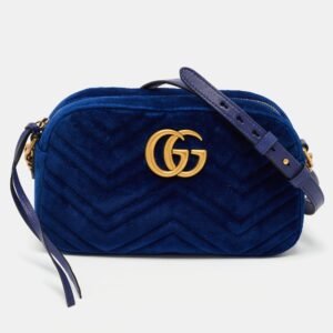 Gucci Blue Matelasse Velvet Small GG Marmont Shoulder Bag | AlmaBagz