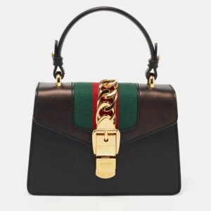 Gucci Black Leather Mini Web Chain Sylvie Top Handle Bag | AlmaBagz