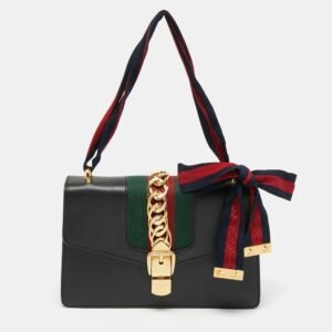 Gucci Black Leather Small Web Sylvie Shoulder Bag | AlmaBagz