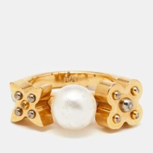 LOUIS VUITTON Gold Tone Monogram Faux Pearl Ring S | AlmaBagz