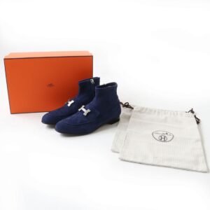 HERMES boots Suede leather Navy x Silver Metal 36 | AlmaBagz