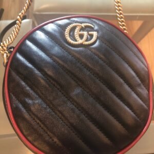 Gucci GG Mini Marmont Round Shoulder Bag in Black with Red Trim | AlmaBagz