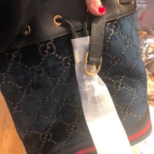 Gucci Ophidia GG Velvet Bucket Bag in Navy with Web | AlmaBagz