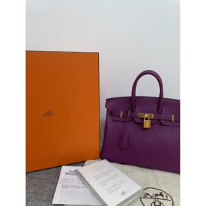 Hermes Birkin 25 Leather Gold Hardware Handbag Bag for Women (Purple Matt) | AlmaBagz