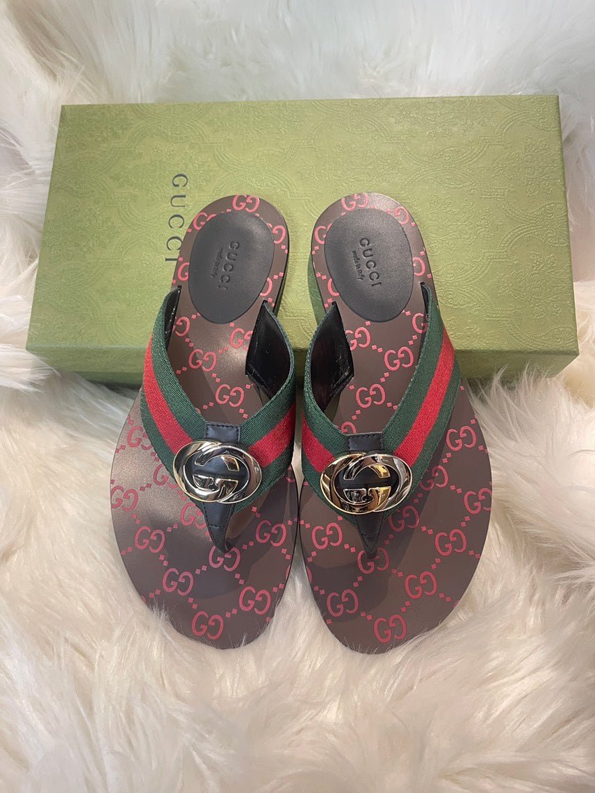 Gucci Lifford Flat Sandals Red Green Monogram Sandals | AlmaBagz
