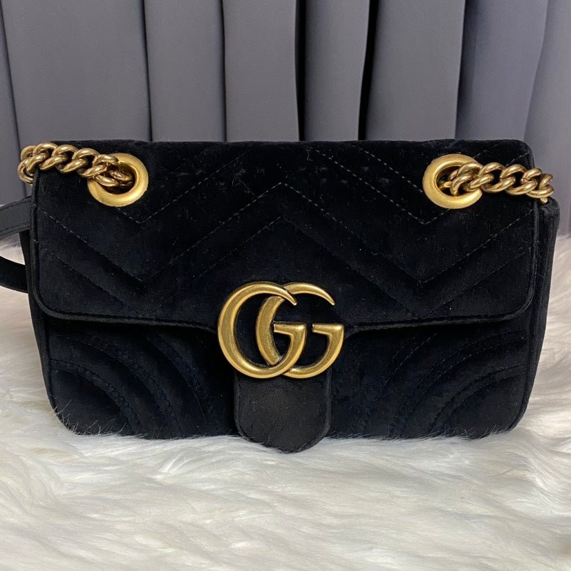 Gucci GG Marmont Small Black Velvet Shoulder Bag | AlmaBagz